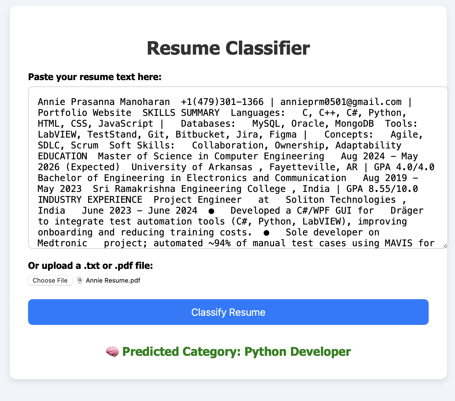 Resume Classifier Preview